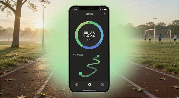 愚公三步应用主界面全貌展示,画面中央为手机屏幕内呈现的步数统计环形图与运动轨迹路线,背景区域为清晨公园跑道与浅绿色渐变光晕,整体风格清新简约,适配Boogu模型生成