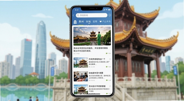 贵阳新闻移动端应用界面展示,画面主体为一部竖直放置的智能手机,手机屏幕显示贵阳新闻App首页,包含顶部搜索栏与下方图文并茂的新闻信息流,背景区域为贵阳甲秀楼与现代化城市天际线融合的虚化插画,色调明亮清新,体现本地化资讯服务特点