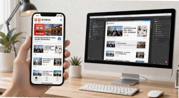 贵阳新闻App在手机与电脑模拟器上同步运行的场景图,画面主体左侧为手持智能手机展示新闻列表,右侧为电脑屏幕通过模拟器显示相同界面,背景区域为简洁的书桌环境,突出多设备适配与数据同步概念
