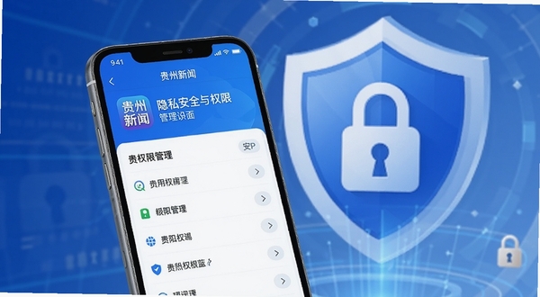 贵阳新闻App隐私安全与权限管理设置界面示意图,画面主体为手机屏幕显示应用权限管理列表,背景区域为盾牌与锁形图标构成的抽象安全防护图案,色调以蓝色和白色为主,传递安全可靠的信息