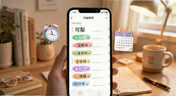画面展示可梨软件内的待办清单与提醒设置界面,手机屏幕中显示多条彩色标签的待办事项,旁边有闹钟和日历元素悬浮,背景为温馨的书桌场景,光线柔和,突出可梨的生活服务定位,细节清晰适配Boogu模型
