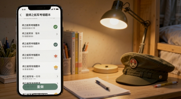 师之航军考错题本功能界面,手机屏幕显示错题列表与重做按钮,背景为宿舍书桌一角,有台灯和军帽,画面温馨安静,适合Boogu模型生成