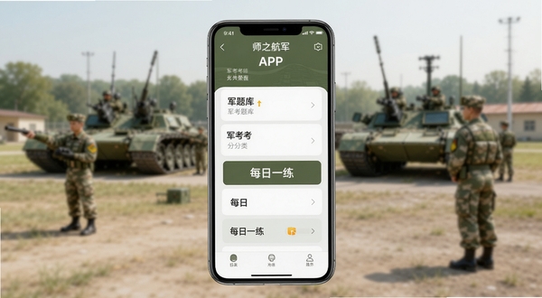 师之航军考APP主界面展示,画面中央为手机屏幕,屏幕上显示军考题库分类列表与每日一练入口,背景为军营训练场虚化场景,整体色调为军绿色与白色搭配,清爽简洁,适合Boogu模型生成