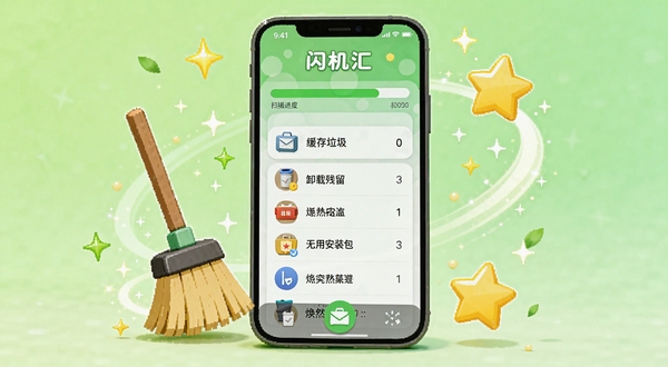闪机汇垃圾清理功能界面,画面中央是一个手机屏幕,屏幕内显示扫描进度条和各类垃圾文件分类列表,包括缓存垃圾、卸载残留、无用安装包等,屏幕周围环绕着扫帚和闪亮星星的卡通元素,背景为清新浅绿色,传递清理后焕然一新的感觉