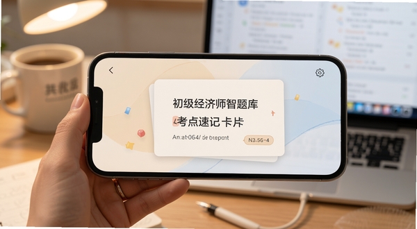 初级经济师智题库 考点速记卡片 手机横屏显示 简洁文字排版 柔和护眼背景 学习场景