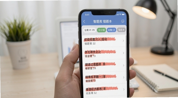 初级经济师智题库 错题本界面 手机屏幕显示红色标记错题列表 分类标签清晰 背景简洁 学习氛围