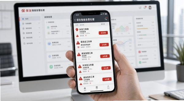 �������ܸ澯�������棬�������ֻ���Ļ��ʾ�����澯�����б���ÿ�����к�ɫ��ʾ��ʶ�봦����ť������Ϊǳ��������ͻ����Ч������Χ