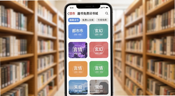 趣读书免费小说书城分类页面,画面中央为手机界面展示都市、玄幻、言情等分类标签,背景为虚化的图书馆书架,光线明亮柔和,突出分类清晰与书库丰富的视觉感受