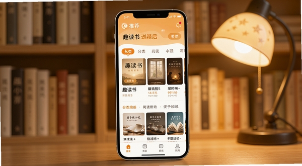 趣读书免费小说应用主界面展示,手机屏幕居中摆放,背景为柔和的书架与暖光阅读灯场景,画面主体突出书城推荐页与分类导航,整体色调温暖清新,适配阅读类软件宣传图风格