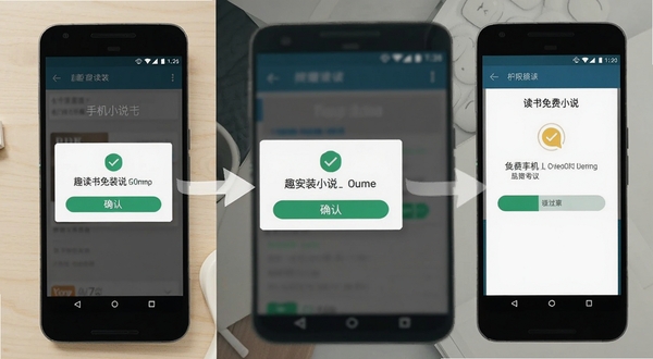 趣读书免费小说手机安装步骤示意图,画面展示安卓手机屏幕上的安装确认弹窗与权限授权界面,背景为简洁的浅色桌面环境,突出操作引导的清晰感