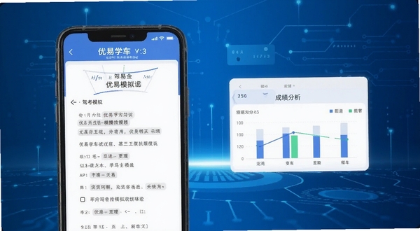 优易学车模拟考试界面展示,手机屏幕中呈现驾考模拟试卷与成绩分析图表,蓝色科技感背景,简洁扁平化设计风格
