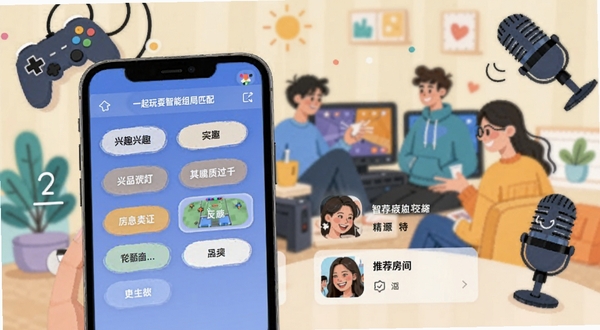 一起玩耍智能组局匹配界面,手机屏幕显示兴趣标签选择与推荐房间列表,背景为明亮活泼的社交场景插画,包含游戏手柄、麦克风等元素,扁平化设计风格,色彩清新