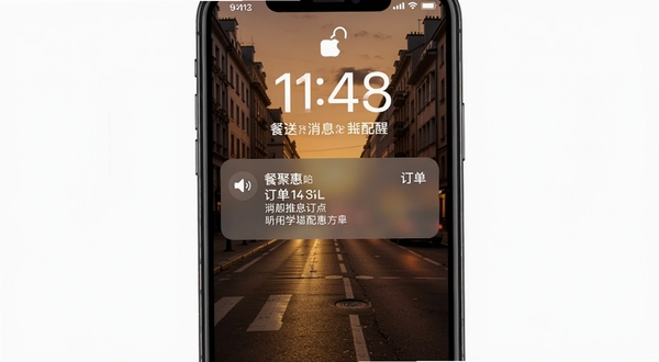 餐聚惠配送消息提醒功能展示,手机锁屏界面弹出新订单通知卡片,带有语音播报图标与订单简要信息,背景为傍晚城市街道暖色调光影,画面突出餐聚惠配送软件名称与通知细节