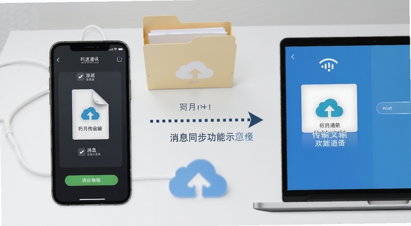 朽月通讯文件传输与消息同步功能示意图,画面左侧为手机发送文件的操作界面,右侧为另一台设备接收文件的界面,中间用一条虚线箭头连接表示同步,背景为淡灰色办公桌面,放置文件夹与云朵图标,整体风格简约商务