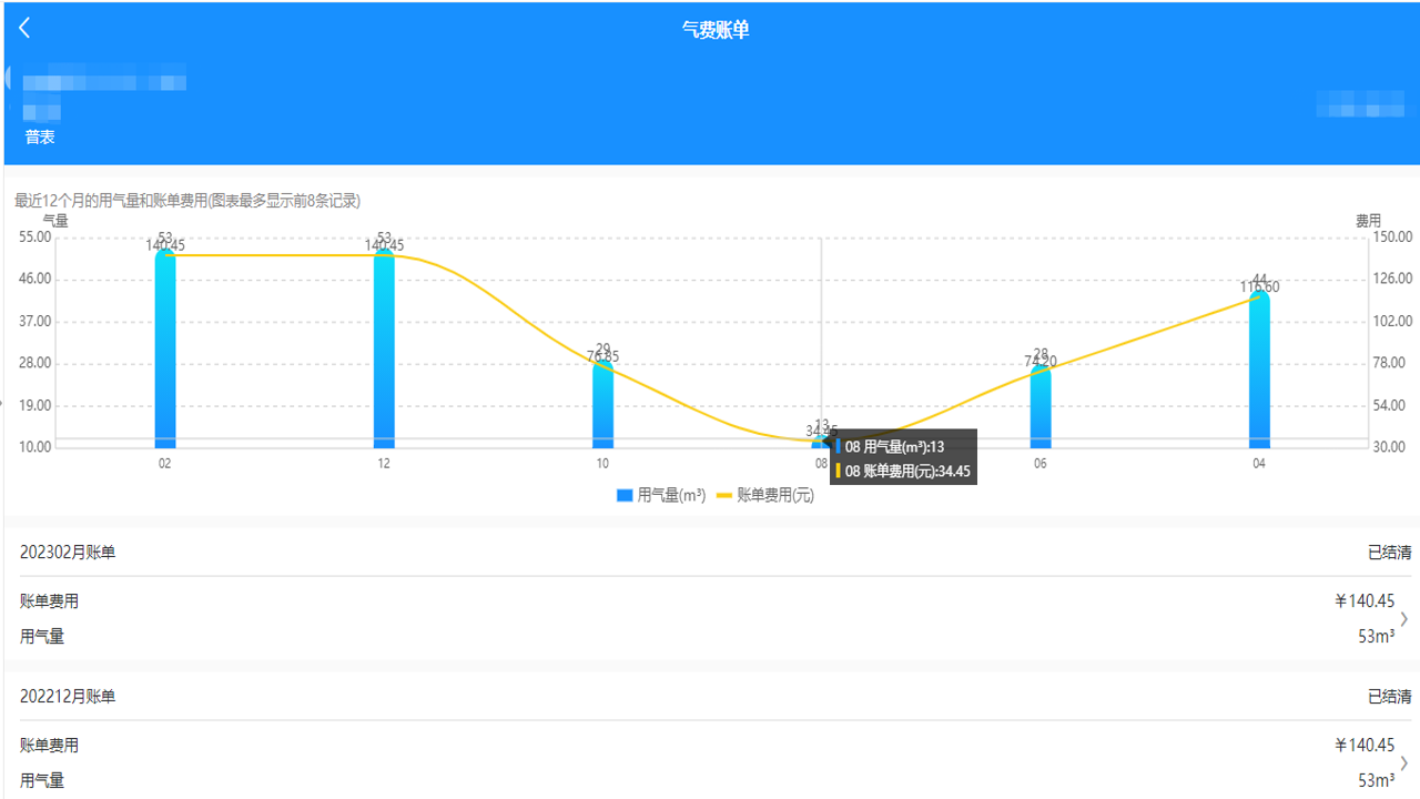 燃气缴费宝 电子发票 用气统计 数据分析图表