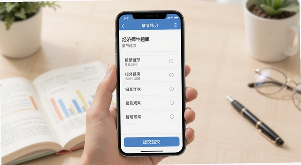 经济师牛题库手机端章节练习界面,简洁答题页面,题目与选项清晰排列,底部显示提交按钮,背景为浅色学习场景