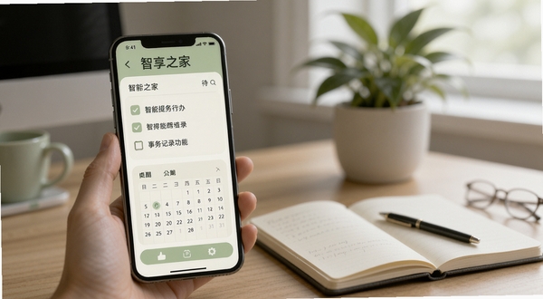 智享之家智能提醒与事务记录功能展示,手机屏幕显示待办清单与日历提醒界面,界面配色为淡绿与米白,背景为书桌场景虚化,桌面摆放笔记本与绿植,整体氛围安静有序,适配Boogu模型生成
