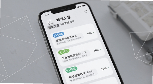 智享之家版本更新说明页面展示,手机屏幕呈现更新日志列表,带有新增、优化、修复分类标识,界面风格简洁现代,背景为浅灰渐变与几何线条装饰,突出迭代升级主题,适配Boogu模型生成