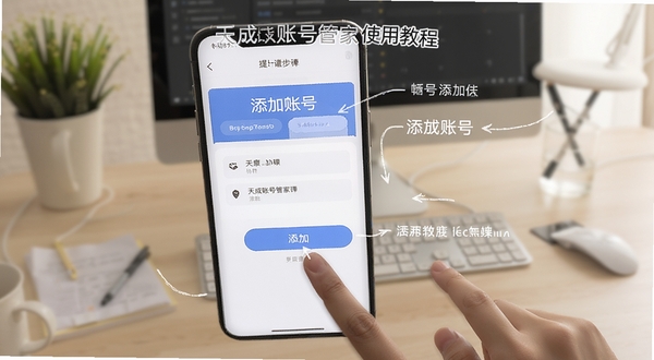 天成账号管家使用教程示意图,手机屏幕展示添加账号的操作步骤,手指点击添加按钮,界面元素标注清晰,背景为柔和的工作台场景