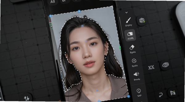 photo抠图P图操作界面展示,手机屏幕中一张人像照片正在被AI自动识别抠图,人物轮廓以虚线高亮显示,右侧工具栏列出画笔、橡皮擦、边缘优化等按钮,背景为深色工作台,画面细节清晰,适配Boogu模型生成