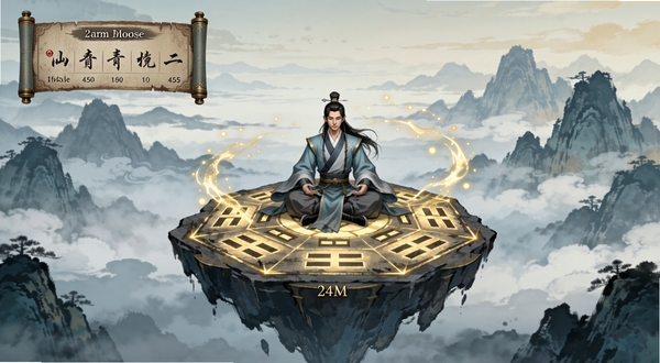 仙侠 24M 游戏主界面全景,画面中央一位身着青灰色道袍的修行者盘坐于悬浮山峰的八卦阵台上,四周环绕淡金色灵气光点,背景为层叠云海与远山剪影,左上角悬浮古朴卷轴式境界面板,整体色调以青黛与暖金为主,国风水墨淡彩风格,竖版手机游戏截图构图