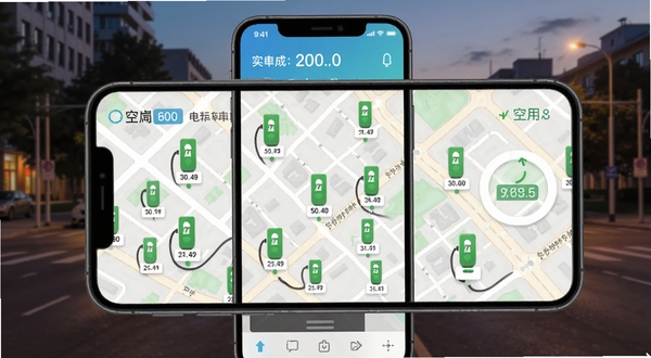附近电动车充电软件地图找桩界面,手机屏幕显示城市街区地图上分布多个绿色充电桩图标,旁边标注距离与空闲数量,背景为傍晚城市街景,画面细节清晰,体现实时状态显示功能