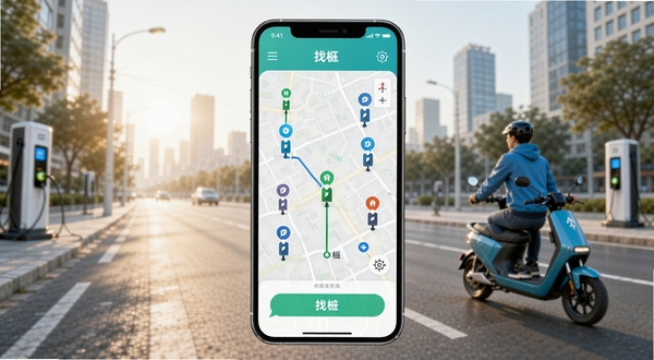 附近电动车充电软件主界面展示,手机屏幕中呈现城市地图与多个充电桩定位标记,背景为清晨城市街道与电动车骑行场景,画面风格清爽明亮,突出找桩导航核心功能