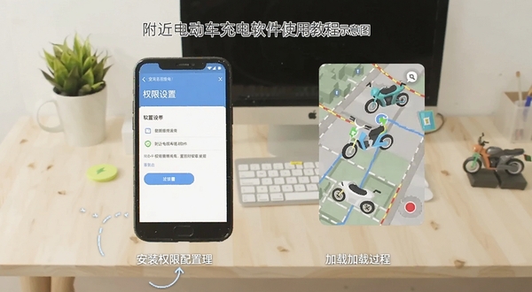 附近电动车充电软件使用教程示意图,手机屏幕展示权限设置界面与地图加载过程,背景为简洁桌面环境,画面风格扁平化,突出安装与权限配置步骤