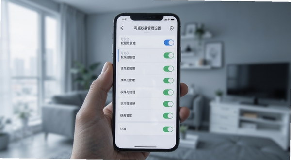 可崽权限管理设置页面示意,手机屏幕显示权限列表与开关状态,画面聚焦屏幕内容,背景为虚化的室内环境,色调偏冷灰,突出安全与可控的产品印象