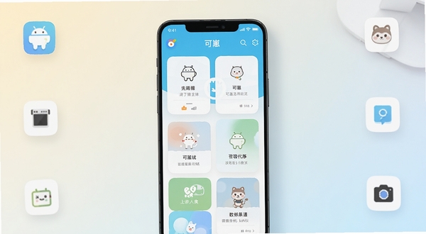 可崽软件主界面全貌展示,画面中央为手机屏幕特写,屏幕内呈现可崽应用首页的卡片式功能布局,背景为浅色渐变桌面环境,周围点缀简约图标元素,整体风格清爽现代,突出安卓实用工具的产品气质