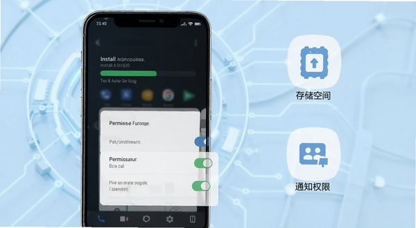 倾对应用在安卓手机上的安装与权限设置流程示意图,画面主体为手机屏幕展示安装进度条与权限开关面板,背景为简洁的浅蓝色科技感背景,画面右侧以图标形式呈现存储空间与通知权限的示意元素,整体风格清晰直观