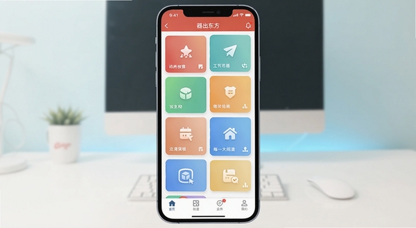 器出东方软件主界面全貌展示,画面中央为手机屏幕内应用首页布局,顶部标题栏清晰可见,中部为功能卡片式排列,底部为导航栏,背景为浅色渐变桌面环境,整体风格简洁明亮,适配Boogu模型生成