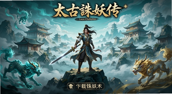 太古诛妖传游戏主界面全景,画面中央为角色持剑立于山巅,背景是云雾缭绕的仙侠宗门建筑群,四周有灵兽虚影环绕,国风写实画风,色调青蓝与金色交织,细节丰富,适合作为软件下载站头图