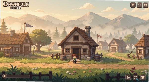 Dawnfolk游戏主界面全景,像素风格晨曦村落,柔和暖色调,旅人角色站在小屋前,远处山峦与薄雾,画面温馨治愈,横版构图,游戏UI元素简洁
