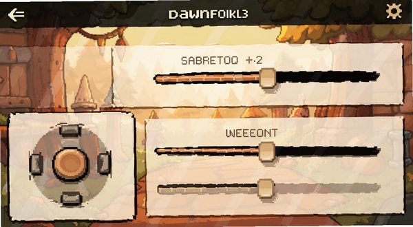 Dawnfolk手机端设置界面截图,画面缩放与摇杆灵敏度调节滑块,像素风格UI,简洁布局,暖色背景