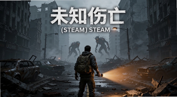 未知伤亡(steam移植)游戏主视觉,画面中央为废墟城市街道,一名背包幸存者手持手电筒背对镜头站立,远处浓雾中隐约浮现变异生物轮廓,暖橙色手电光与冷灰蓝环境形成对比,写实末日风格,高细节,横版构图