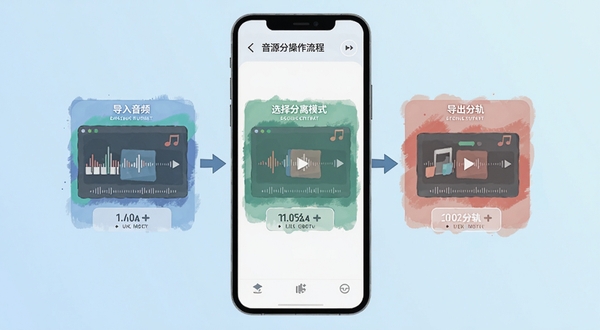 音源分离操作流程示意图,手机界面展示导入音频、选择分离模式、导出分轨三个步骤,画面采用扁平插画风格,主体位于画面中央,背景为淡蓝色渐变,适配Boogu模型生成