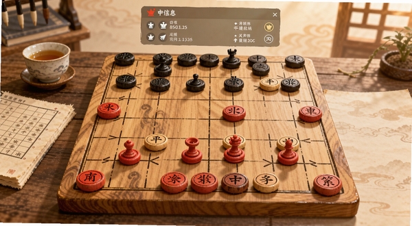 一张展示中国象棋对弈场景的横版画面,画面中央是一方木质纹理的象棋棋盘,红黑双方棋子按开局阵型整齐排列,棋盘上方悬浮着半透明的对局信息面板,背景为暖色调的书房环境,左侧有茶杯与棋谱书籍作为点缀,整体风格写实且带有轻微的国风插画质感,画面清晰明亮,适合作为软件介绍配图