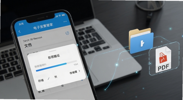 电子发票税管家发票导出功能界面特写,手机屏幕显示文件导出进度条与存储路径选择弹窗,背景为深灰色办公桌与笔记本电脑,画面右侧有文件夹图标与PDF文档图标漂浮,科技感与实用感结合