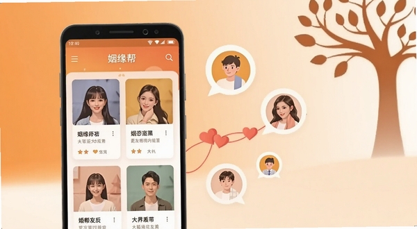 整体画面采用暖橘与米白渐变背景,画面中央偏左位置放置一部竖屏安卓手机,屏幕内展示姻缘帮应用首页卡片式交友界面,手机右侧区域漂浮若干圆形头像气泡与红色心形连线,背景右上角区域绘制简约的缘分树剪影,整体风格为扁平化插画,光线柔和,构图干净,突出婚恋交友的温馨氛围
