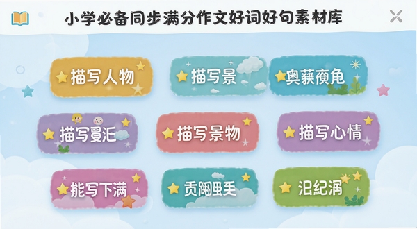 小学必备同步满分作文好词好句素材库界面,画面中浮现多个彩色标签卡片,分别写着描写人物、描写景物、描写心情等分类,卡片上有星星点缀,背景是柔和的浅蓝色渐变,整体呈现清爽的学习工具风格
