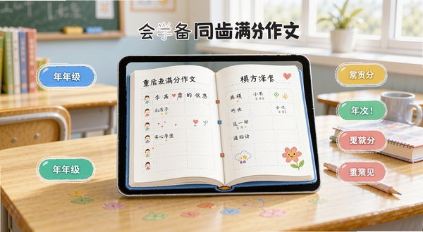 小学必备同步满分作文软件首页界面展示,画面中央是一本翻开的电子作文本,周围环绕着年级选择按钮和范文分类标签,背景为明亮的教室书桌场景,整体风格清新活泼,适合小学生使用,高清细节,柔和光线
