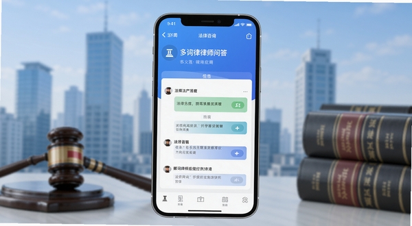 多问律师端应用主界面展示,手机屏幕中央是法律咨询问答页面,背景为简洁的蓝色渐变办公场景,画面主体位于中央偏上区域,背景区域为虚化的城市建筑与法律书籍元素,整体风格专业、清爽、可信赖