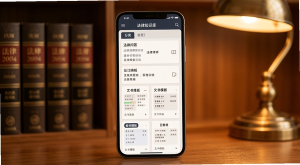 多问律师端法律知识库页面,手机屏幕展示分类清晰的法律问答列表与文书模板卡片,画面主体为手机特写居中,背景为暖色调书房环境,书架上有法律典籍,整体风格温和、知识感强