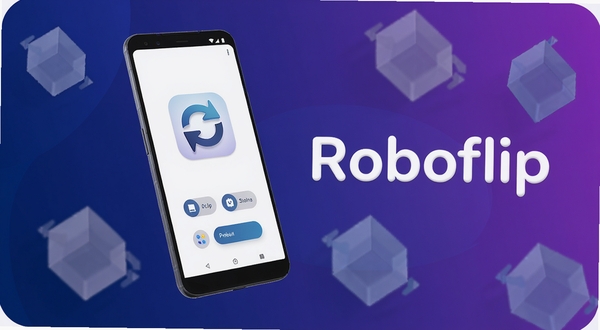 一张展示Roboflip应用主界面的3D渲染图,画面中心偏左位置悬浮着一部竖屏安卓手机,手机屏幕显示Roboflip标志性的翻转箭头图标与简洁的功能按钮,背景为深蓝到紫色的渐变区域,点缀若干半透明的几何翻转方块,整体风格干净现代,突出软件名称Roboflip字样