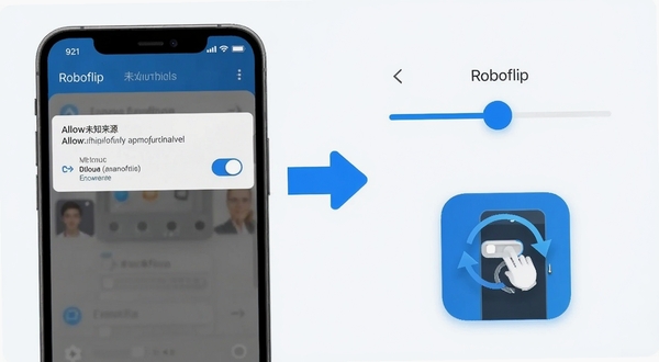 Roboflip移动端安装与权限设置示意图,画面左侧为手机屏幕特写,显示允许未知来源安装的开关界面,右侧为Roboflip应用内的灵敏度校准滑块与翻转示意图标,中间用箭头连接表示操作流程,整体采用浅色背景与蓝色高亮元素,风格清晰直观