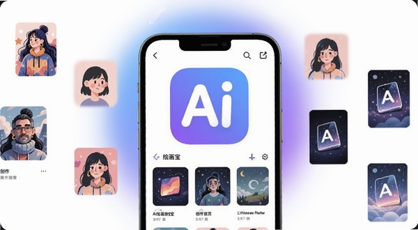 AI绘画宝软件主界面展示,手机屏幕中央呈现AI绘画宝应用图标与创作首页,背景为柔和的蓝紫渐变光晕,周围漂浮着插画、头像、壁纸等生成作品缩略图,画面主体位于中心偏上区域,背景干净简洁,适合软件下载站展示