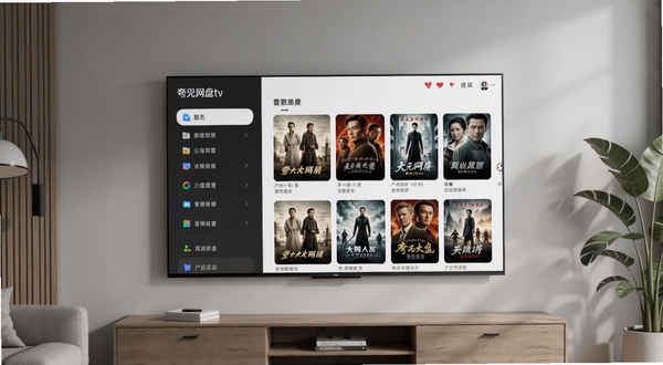 画面中央是一台壁挂式智能电视,屏幕显示夸克网盘tv版的文件列表界面,左侧为分类导航栏,右侧为影视海报缩略图网格,电视下方是简约木质电视柜,背景为浅灰色客厅墙面与绿植点缀,整体风格清爽现代,光线柔和,突出大屏云盘播放场景