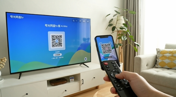 画面为电视屏幕与遥控器的手部操作特写,屏幕上显示夸克网盘tv版的扫码登录二维码页面,旁边放着手机正在扫码,背景为居家客厅环境,光线明亮,构图突出安装登录步骤