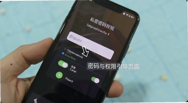 私密空间浏览器 安卓端设置密码与权限引导页面,画面为手机屏幕特写,屏幕内显示密码输入框和权限开关列表,背景为柔和浅色,突出操作引导场景